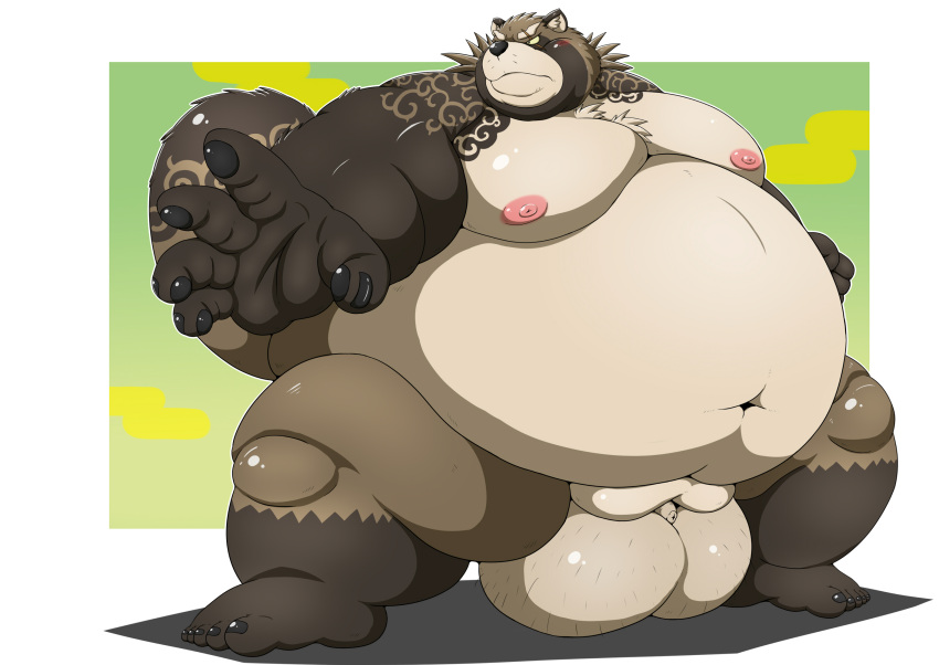 2022 anthro balls belly big_balls big_belly brown_body burenai canid canine genitals gyobu hi_res humanoid_hands kemono lifewonders male mammal moobs nipples obese obese_male overweight overweight_male penis raccoon_dog solo tanuki tattoo tokyo_afterschool_summoners video_games
