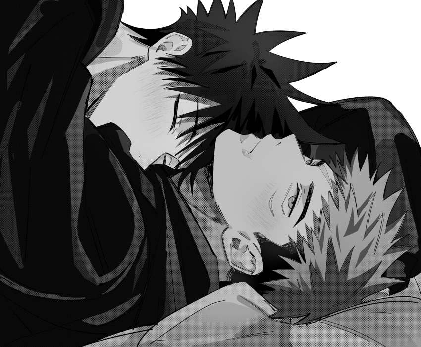 2boys absurdres bangs blush closed_eyes closed_mouth facial_mark fushiguro_megumi highres hug itadori_yuuji jacket jujutsu_kaisen long_sleeves looking_away lying male_focus monochrome multiple_boys scar scar_on_face short_hair simple_background somwang_07 spiked_hair undercut yaoi