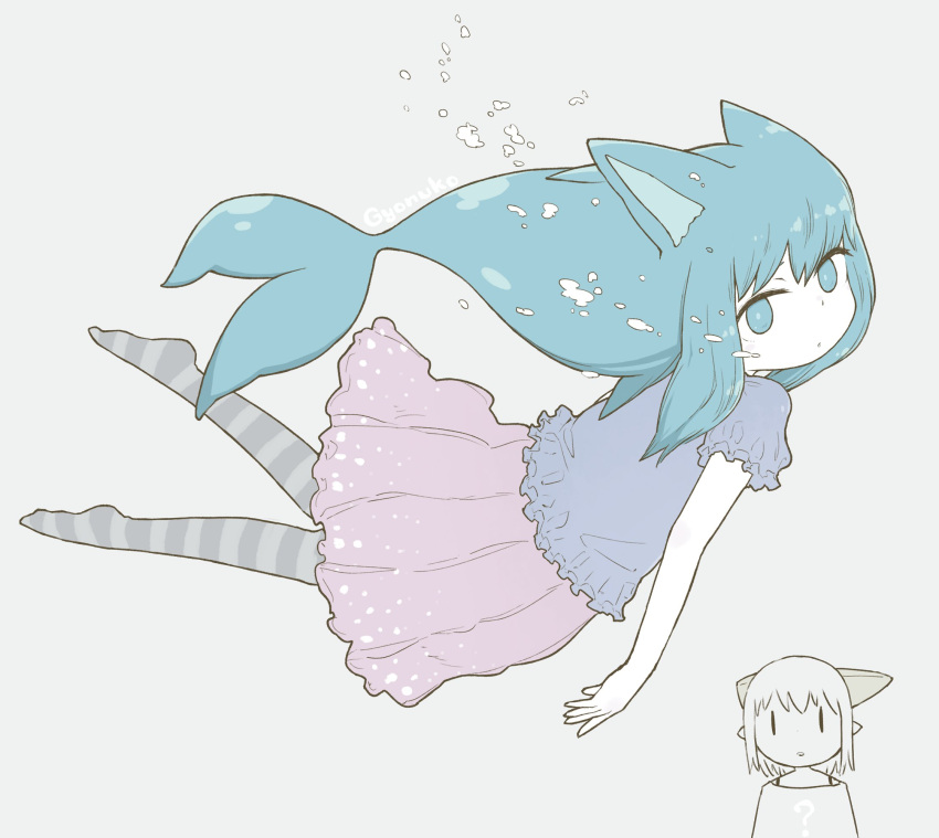 1girl :o animal_ears artist_name blue_eyes blue_hair blue_shirt bubble cat_ears chibi chibi_inset colored_skin diode_(0_division) fins frilled_shirt frilled_skirt frilled_sleeves frills full_body grey_background grey_pantyhose highres long_hair looking_at_viewer no_shoes original pantyhose pink_skirt shirt short_sleeves sidelocks simple_background skirt solo striped striped_legwear swimming white_skin |_|