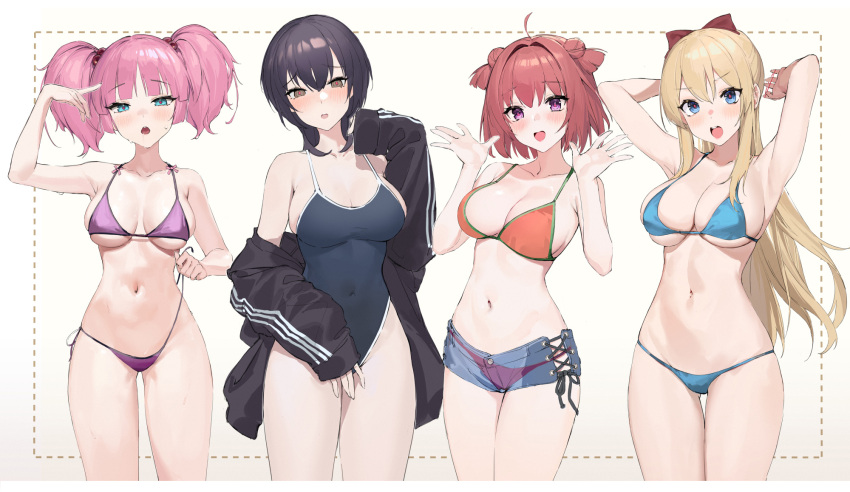 4girls :d :o ahoge akaza_akari alternate_breast_size arm_up armpits arms_behind_head arms_up bare_arms bare_shoulders bikini black_hair black_jacket blonde_hair blue_bikini blue_eyes blue_shorts bow breasts breasts_apart brown_eyes collarbone covered_navel denim denim_shorts double_bun duplicate funami_yui hair_bow hair_bun hand_up hands_up highleg highleg_swimsuit highres jacket large_breasts long_hair long_sleeves looking_at_viewer multiple_girls navel off_shoulder older one-piece_swimsuit open_clothes open_jacket open_mouth orange_bikini pink_hair pixel-perfect_duplicate pre_(preecho) purple_bikini purple_eyes red_hair school_swimsuit see-through short_hair short_shorts shorts side-tie_bikini smile spaghetti_strap stomach string_bikini swimsuit thighs toshinou_kyouko twintails untied untied_bikini v-shaped_eyebrows yoshikawa_chinatsu yuru_yuri