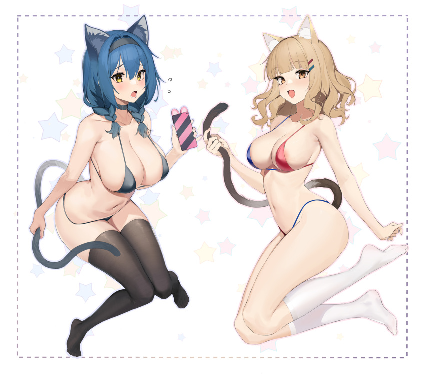 2girls :d alternate_breast_size animal_ears areola_slip bare_arms bare_shoulders bikini black_choker blonde_hair blue_hair breasts brown_eyes cat_ears cat_girl cat_tail choker cleavage collarbone covered_nipples furutani_himawari hair_ornament hair_over_shoulder hairband hairclip halterneck highres holding kemonomimi_mode kneehighs large_breasts long_hair looking_at_viewer low_twintails micro_bikini multiple_girls navel no_shoes older oomuro_sakurako open_mouth pre_(preecho) simple_background smile socks stomach string_bikini swimsuit tail thighhighs thighs twintails two-tone_bikini white_background yellow_eyes yuru_yuri