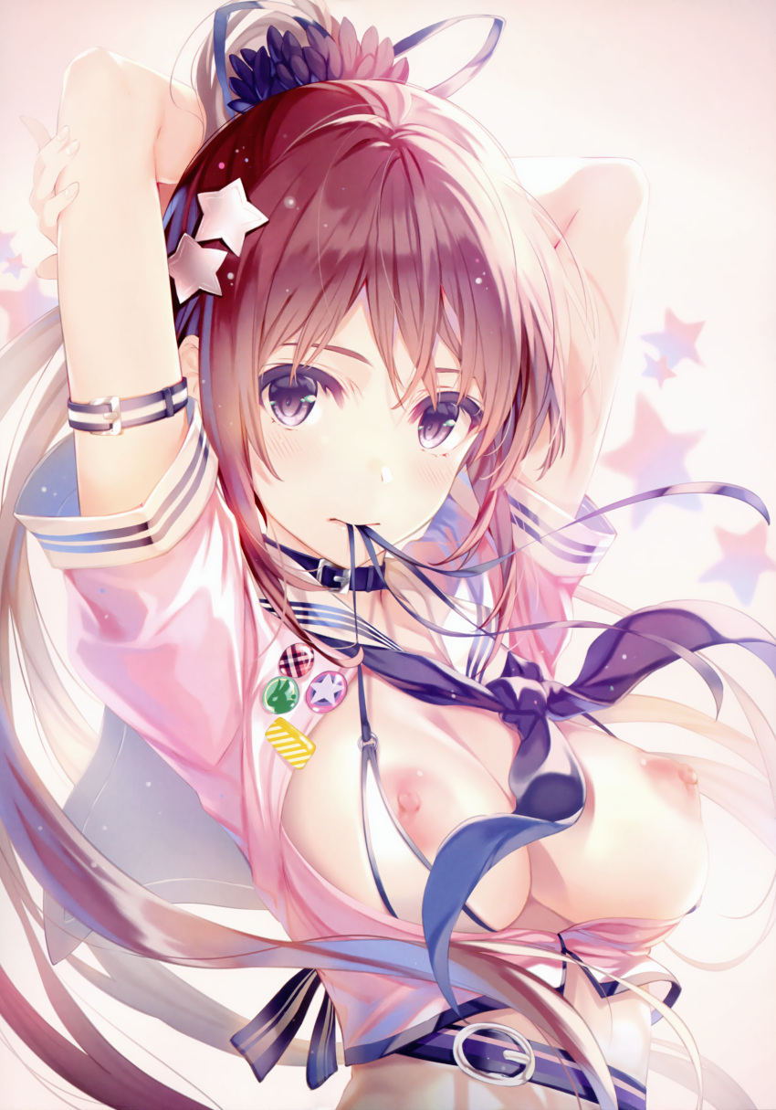 1girl absurdres armband arms_behind_head arms_up badge bangs belt belt_buckle belt_collar blush breasts breasts_out brown_hair buckle button_badge collar comic_aun hair_ornament highres large_breasts long_hair looking_at_viewer medium_breasts misaki_kurehito mouth_hold nipples open_clothes pink_shirt ponytail purple_eyes sailor_collar sailor_shirt shiny shiny_hair shiny_skin shirt short_sleeves simple_background solo star_(symbol) star_hair_ornament string_in_mouth upper_body