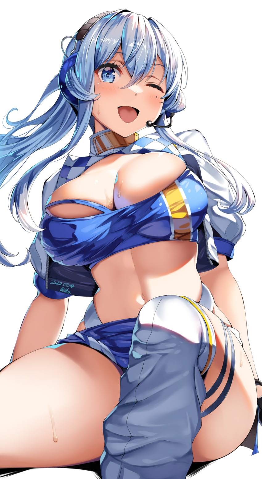 1girl banned_artist belko blue_bandeau blue_eyes blue_hair blue_skirt breasts cleavage cropped_jacket gotland_(kancolle) headphones headset highres jacket kantai_collection large_breasts long_hair looking_at_viewer microphone midriff mole mole_under_eye one_eye_closed ponytail race_queen sitting skirt solo white_jacket white_over-kneehighs