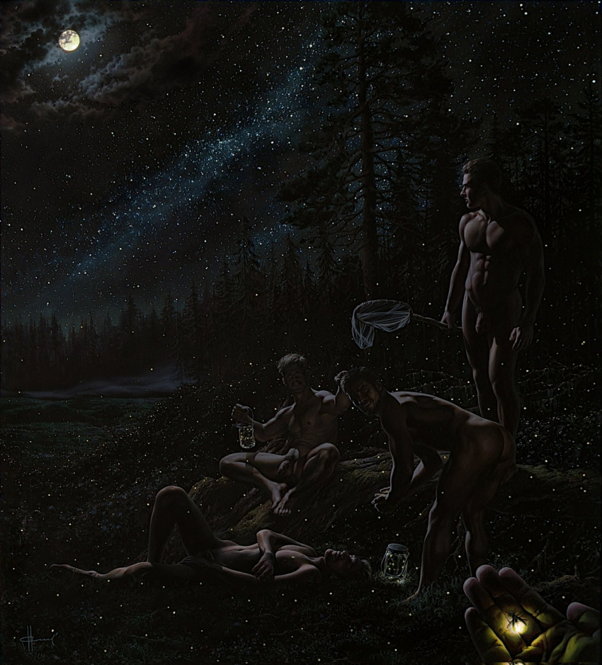 5boys abs ass bara beard black_hair bug cloud completely_nude facial_hair fine_art_parody firefly flaccid hand_net harryowl13 highres holding jar large_pectorals looking_at_another looking_away lying male_focus male_pubic_hair moon moonlight multiple_boys muscular muscular_male navel night night_sky nipples nude on_back original parody pectorals penis pubic_hair short_hair sitting sky smile star_(sky) starry_sky teeth thighs
