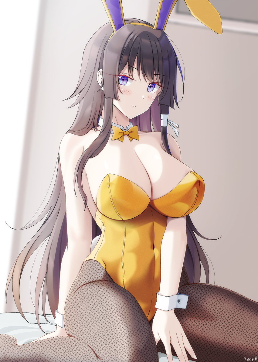 1girl animal_ears bangs bare_arms bare_shoulders black_hair black_pantyhose blue_eyes blush bow bowtie breasts cleavage closed_mouth covered_navel detached_collar fake_animal_ears fishnet_legwear fishnets hairband highres keenh large_breasts leotard long_hair muvluv muvluv_alternative muvluv_total_eclipse pantyhose playboy_bunny rabbit_ears sitting takamura_yui thighs wariza wrist_cuffs yellow_bow yellow_bowtie yellow_hairband yellow_leotard