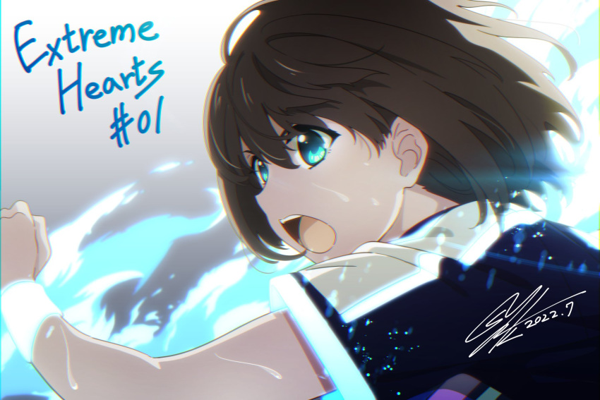 1girl blue_eyes brown_hair close-up commentary_request copyright_name dated extreme_hearts hayama_hiori highres kawakami_shuuichi official_art open_mouth promotional_art short_hair short_sleeves signature solo sportswear