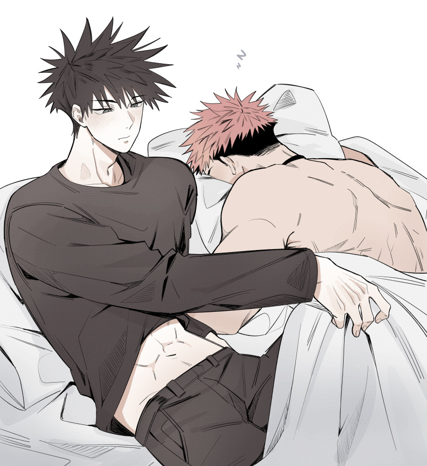 2boys abs absurdres back bangs bed_sheet black_hair black_pants black_shirt blush choker closed_mouth clothes_lift fushiguro_megumi hair_between_eyes highres indoors itadori_yuuji jujutsu_kaisen long_sleeves lying male_focus multiple_boys muscular muscular_male navel on_bed on_stomach pants pillow pink_hair sheet_grab shirt shirt_lift short_hair simple_background sitting sleeping somwang_07 spiked_hair toned toned_male topless_male undercut yaoi zzz