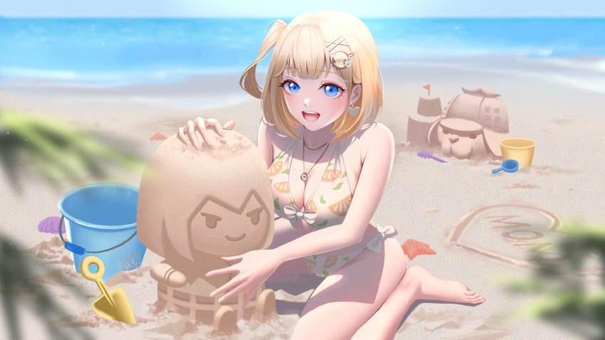 1girl absurdres alternate_costume bangs bare_legs bare_shoulders barefoot beach bikini blonde_hair blue_eyes blunt_bangs blurry blurry_foreground breasts bubba_(watson_amelia) bucket cleavage collarbone earrings english_text foliage front-tie_top halter_top halterneck heart highres hololive jewelry large_breasts looking_at_viewer medium_hair ocean one_side_up open_mouth sand_sculpture sand_writing shovel side-tie_bikini sitting smile stopwatch swimsuit virtual_youtuber wariza watson_amelia yuutarou_art
