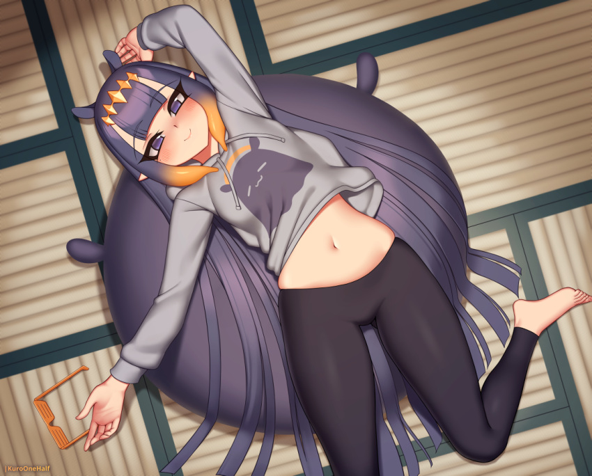 1girl arm_up artist_name ball bangs barefoot black_hair black_pants blunt_bangs blunt_ends blush closed_mouth commentary drawstring exercise_ball from_above glasses grey_hoodie hair_spread_out hololive hololive_english hood hood_down hoodie kuroonehalf long_hair long_sleeves looking_at_viewer lying midriff navel ninomae_ina'nis on_nose pants pointy_ears purple_eyes smile solo takodachi_(ninomae_ina'nis) tatami tsurime very_long_hair virtual_youtuber