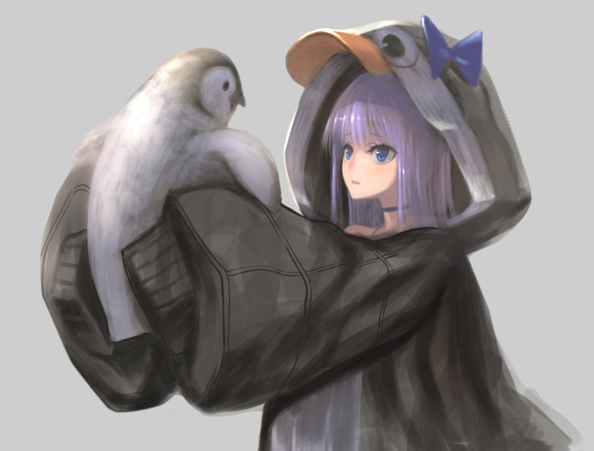 1girl animal_ears bangs bird coat eyebrow_piercing fate/extra fate/grand_order fate_(series) grey_background holding hood hoodie long_hair makishima_azusa meltryllis_(fate) meltryllis_(swimsuit_lancer)_(fate) penguin piercing purple_eyes purple_hair ribbon simple_background upper_body