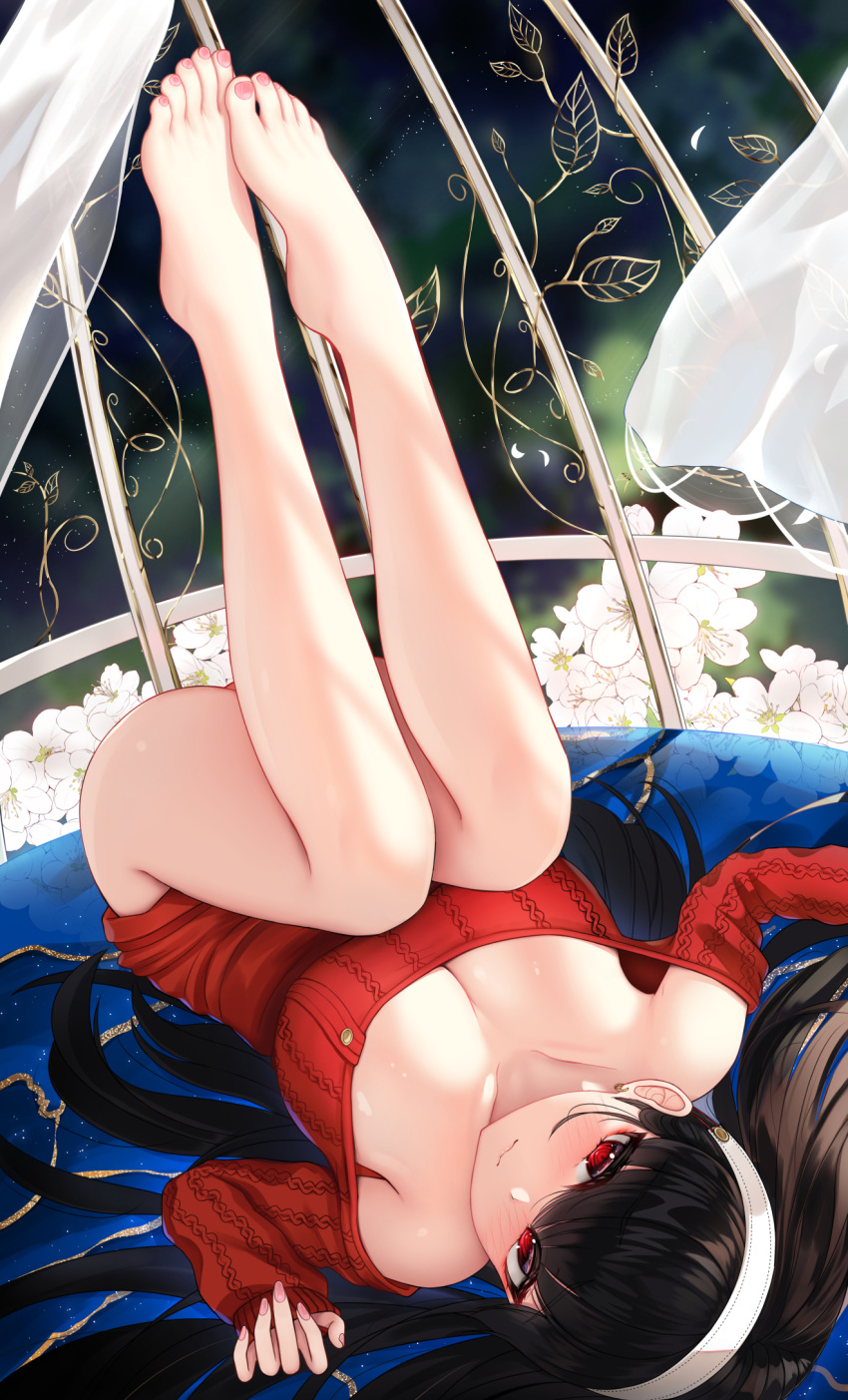 1girl bangs bare_legs bare_shoulders barefoot black_hair blush breasts cleavage closed_mouth damao_yu feet_up flower hairband highres large_breasts long_hair looking_at_viewer lying off_shoulder on_back red_eyes red_sweater spy_x_family sweater thighs upside-down white_hairband yor_briar