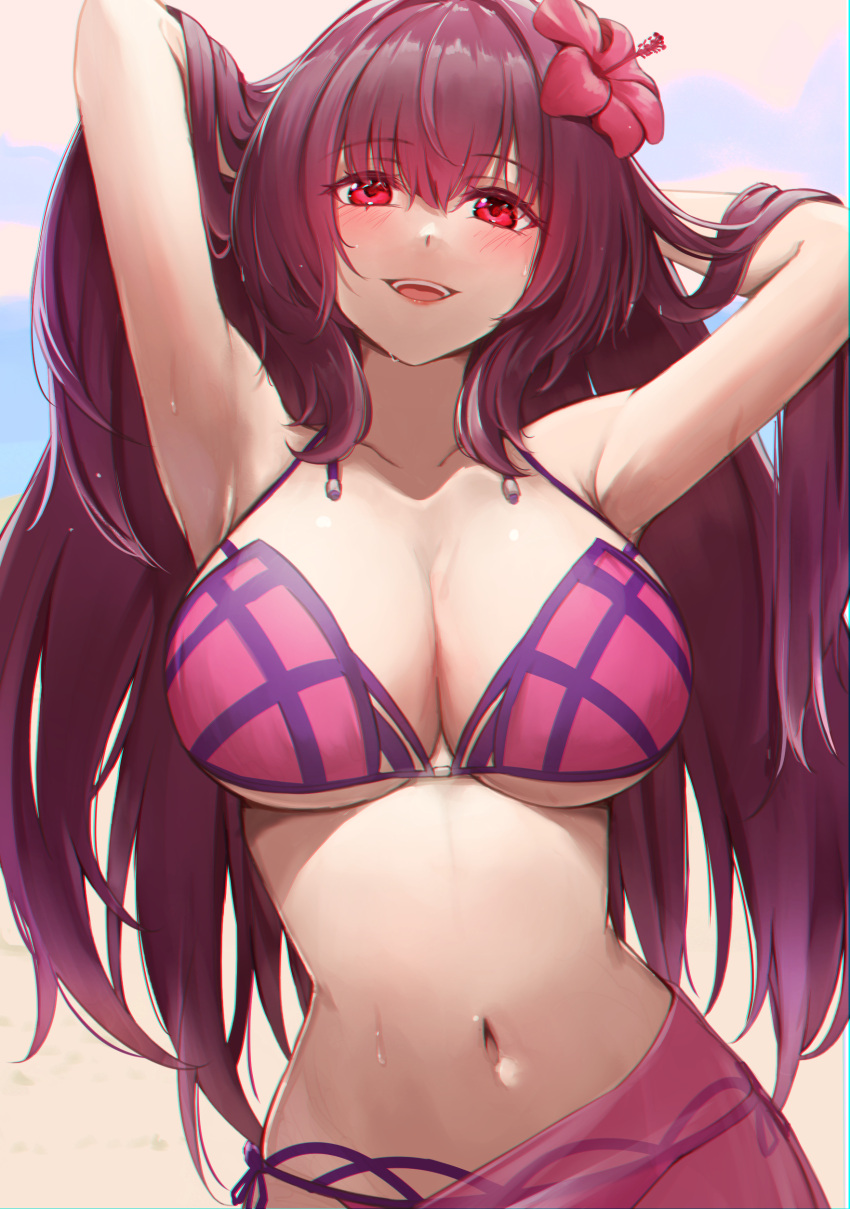 1girl :d absurdres bikini breasts fate/grand_order fate_(series) flower hair_flower hair_intakes hair_ornament hands_in_hair hibiscus highres large_breasts looking_at_viewer navel pink_bikini purple_bikini purple_hair purple_sarong red_eyes sarong scathach_(fate) scathach_(swimsuit_assassin)_(fate) smile solo swimsuit yoshimoto_(carpsukidayo)