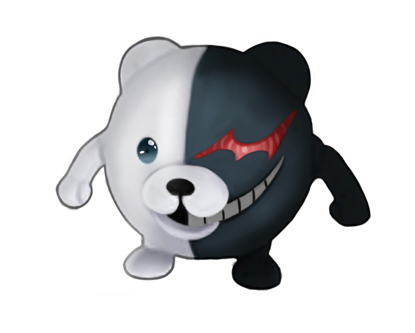 absurd_res ambiguous_gender black_body blue_eyes cursed_image danganronpa digital_media_(artwork) genetic_chimerism grin hi_res machine mammal monokuma multicolored_body red_eyes robot simple_background smile teeth two_tone_body unknown_artist ursid waddling_head what_has_science_done where_is_your_god_now white_background white_body