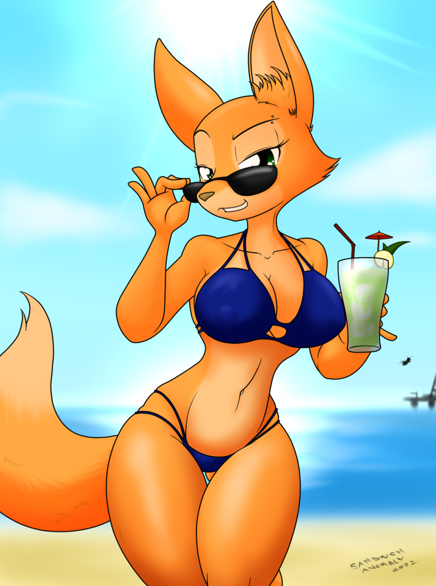 2022 5_fingers aircraft anthro beach beverage big_breasts bikini breasts brown_nose canid canine cleavage clothed clothing cloud container cup diane_foxington dreamworks drinking_glass drinking_straw eyebrow_piercing eyebrows eyewear facial_piercing female fingers fluffy fox fur glass glass_container glass_cup green_eyes helicopter hi_res holding_beverage holding_object inner_ear_fluff lemon looking_at_viewer mammal navel nipple_outline orange_body orange_fur outside piercing raised_eyebrow sandwich-anomaly sea seaside signature sky slim smile solo sun sunglasses swimwear teeth the_bad_guys tuft umbrella_drink water