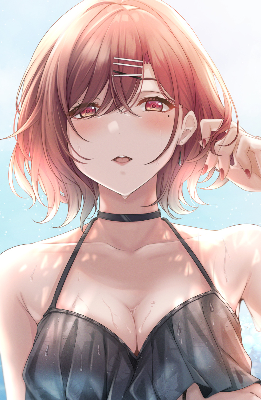 1girl bikini black_bikini black_hair blush bob_cut breasts brown_hair cleavage collarbone hand_in_own_hair highres higuchi_madoka idolmaster idolmaster_shiny_colors looking_at_viewer medium_breasts mole mole_under_eye red_eyes solo swimsuit upper_body water_drop yuzuyu_(hyui)