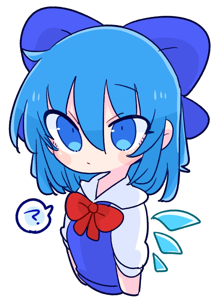 1girl ? bangs blue_dress blue_eyes blue_hair breasts cirno collared_shirt dress fairy_wings highres ice ice_wings neck_ribbon op_na_yarou pinafore_dress puffy_short_sleeves puffy_sleeves red_ribbon ribbon shirt short_hair short_sleeves simple_background small_breasts solo speech_bubble touhou white_background white_shirt wings