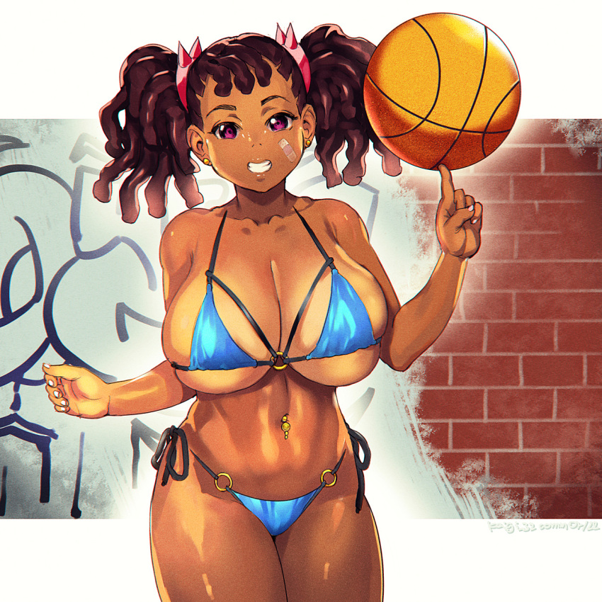 1girl arms_behind_back ayukawa_miyuki balancing_on_finger bandaid bangs basketball basquash! bikini black_hair breasts brick_wall cleavage dark-skinned_female dark_skin graffiti hair_ornament highres keigi large_breasts lips navel_piercing o-ring o-ring_bikini piercing shiny shiny_skin smile solo swimsuit tan tanlines thighs twintails