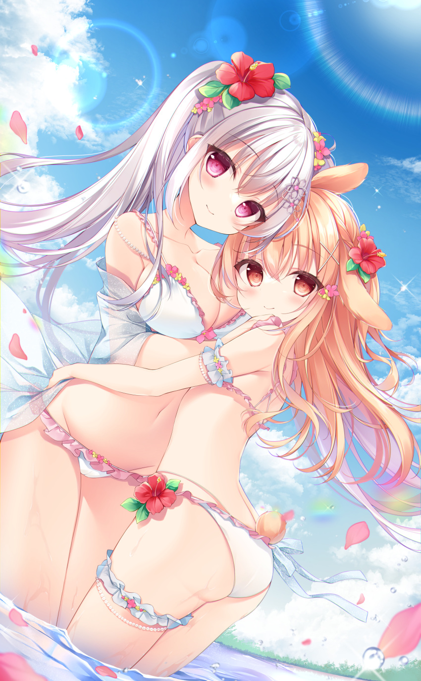 2girls absurdres animal_ears armband ass bangs bikini blue_sky breasts cleavage cloud collarbone commentary_request day flower frilled_bikini frills hair_flower hair_ornament hibiscus highres hug jacket lens_flare long_hair looking_at_viewer medium_breasts multiple_girls navel ocean orange_hair original outdoors partially_submerged pink_eyes red_eyes shirosei_mochi sky smile standing summer swimsuit thigh_strap twintails water_drop white_bikini white_hair white_jacket