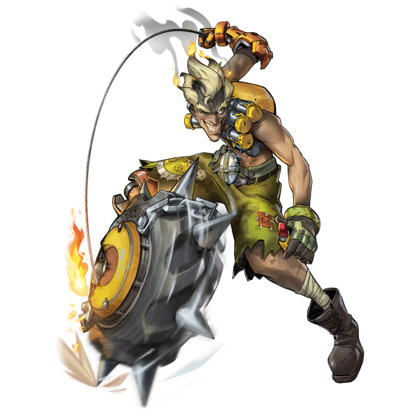 1boy bandaged_leg bandages belt blonde_hair boots chain dirty dirty_clothes dirty_face dust explosive fiery_hair fire gauntlets gloves grenade junkrat_(overwatch) leather leather_belt male_focus no_shirt overwatch pants short_hair shorts simple_background solo spikes tonysaurus torn_clothes wheel white_background