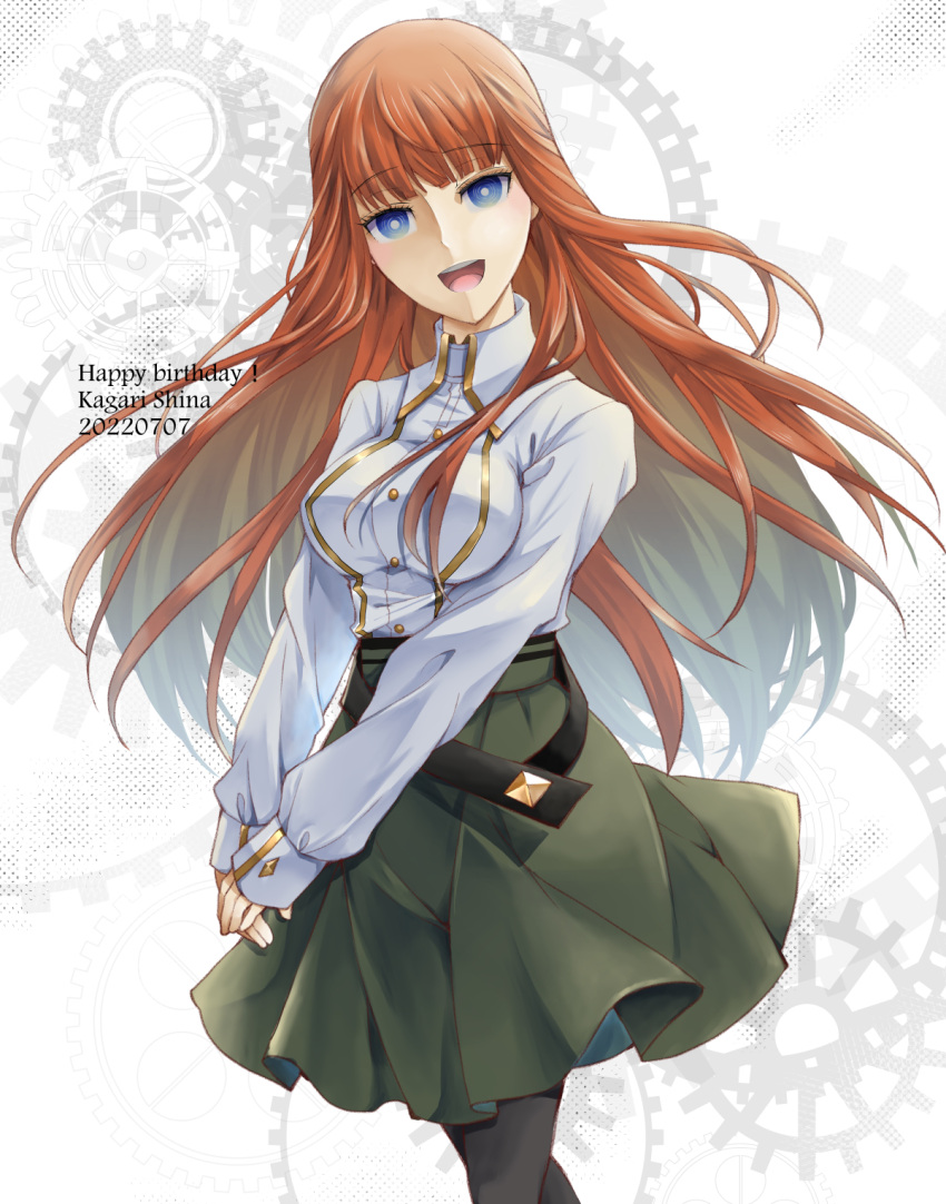 1girl :d bangs blue_eyes blunt_bangs breasts brown_hair character_name commentary_request dated green_skirt happy_birthday highres large_breasts long_hair long_sleeves looking_at_viewer motomotosakana open_mouth shiina_kagari shirt skirt smile solo steins;gate steins;gate_0 teeth upper_teeth white_shirt