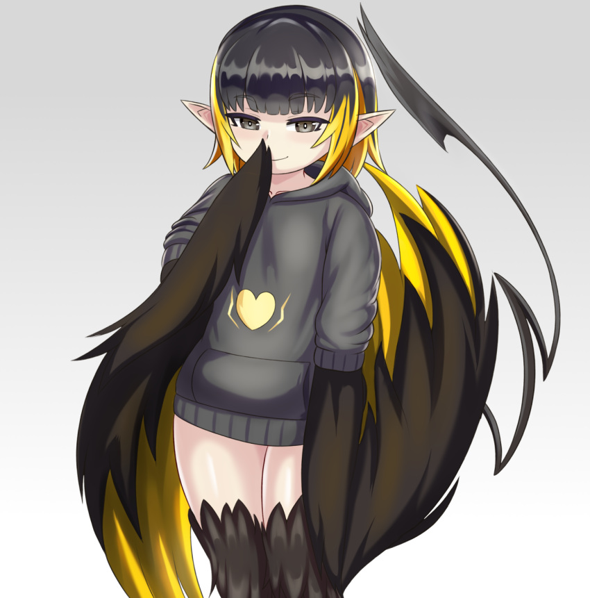 1girl bangs black_eyes black_hair blonde_hair blunt_bangs commentary commission english_commentary grey_background grey_hoodie hand_to_own_mouth harpy heart highres hood hood_down hoodie looking_at_viewer monster_girl monster_girl_encyclopedia multicolored_hair nav pointy_ears short_hair simple_background smile solo tail thunderbird_(monster_girl_encyclopedia) two-tone_hair winged_arms wings