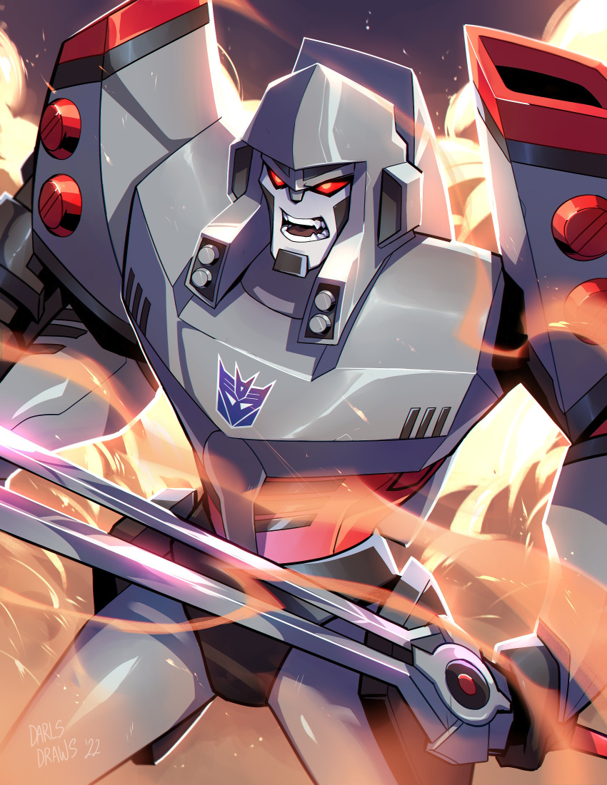 absurdres decepticon english_commentary fangs fire highres holding holding_sword holding_weapon lina_rojas mecha megatron open_mouth red_eyes robot science_fiction solo sword transformers transformers_animated weapon