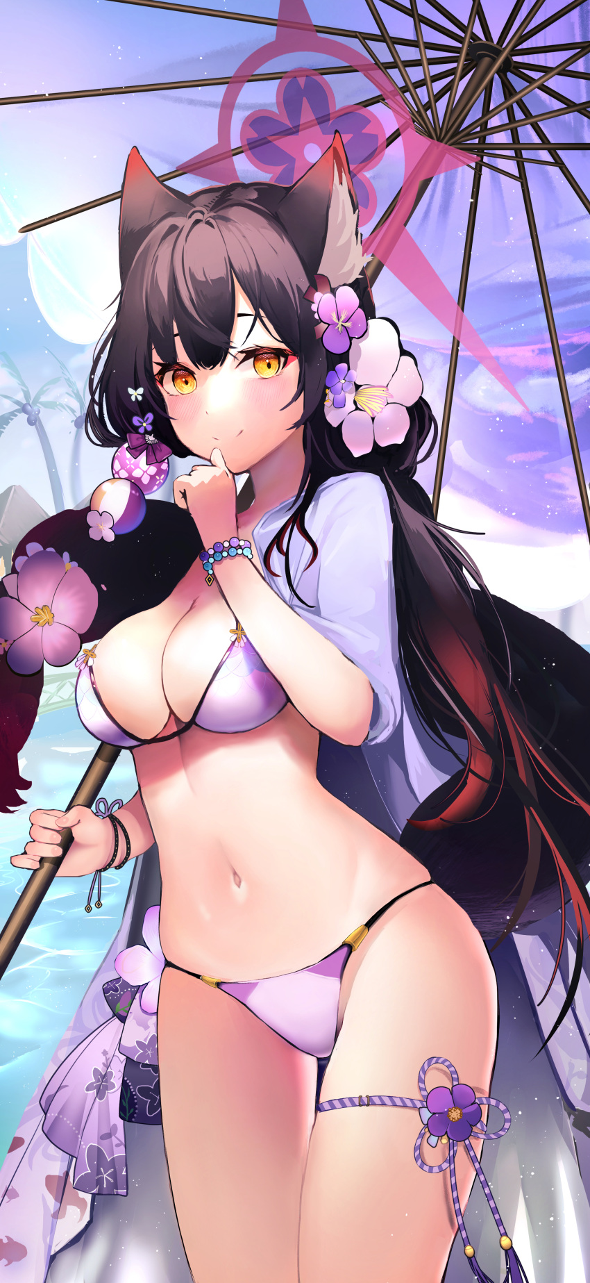 1girl absurdres animal_ears bangs bead_bracelet beads bikini black_hair blue_archive blunt_bangs bracelet breasts cleavage commentary_request eyes_visible_through_hair eyeshadow flower fox_ears fox_girl fox_tail hair_between_eyes hair_flower hair_ornament halo highres holding holding_umbrella jewelry large_breasts long_hair looking_at_viewer makeup mamo_(user_jjca7524) navel official_alternate_costume oil-paper_umbrella purple_bikini sidelocks smile solo stomach swimsuit tail thighlet umbrella wakamo_(blue_archive) wakamo_(swimsuit)_(blue_archive) yellow_eyes