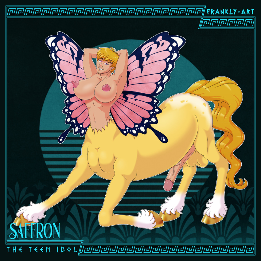 abs arthropod balls beard blonde_hair breasts butterfly centaur equid equid_taur equine erection facial_hair fairy frankly-art genitals gold_(metal) gold_hooves gynomorph hair hi_res hooves humanoid humanoid_taur insect intersex kneeling lepidopteran lepidopteran_wings mammal mammal_taur navel nipples pegasus pegasus_taur penis pholus_reborn pose presenting presenting_breasts saffron_(pholus_reborn) smile solo stretching stubble taur waist wings yellow_tail