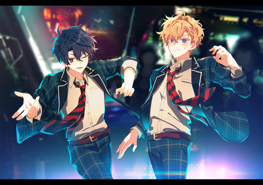 2boys black_hair blazer blonde_hair blue_eyes blush closed_mouth heathcliff_blanchett highres jacket looking_at_viewer mahoutsukai_no_yakusoku male_focus matching_outfit multiple_boys naruta_iyo one_eye_closed open_mouth red_eyes shino_sherwood shirt sweat white_shirt