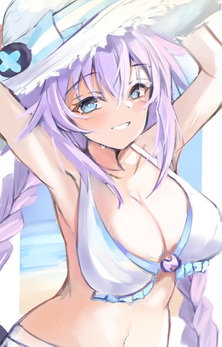 1girl absurdres beach bikini bimmy blue_eyes braid breasts cleavage day flower food hair_flower hair_ornament highres large_breasts long_hair looking_at_viewer neptune_(series) power_symbol power_symbol-shaped_pupils purple_hair purple_heart smile solo swimsuit symbol-shaped_pupils twin_braids very_long_hair