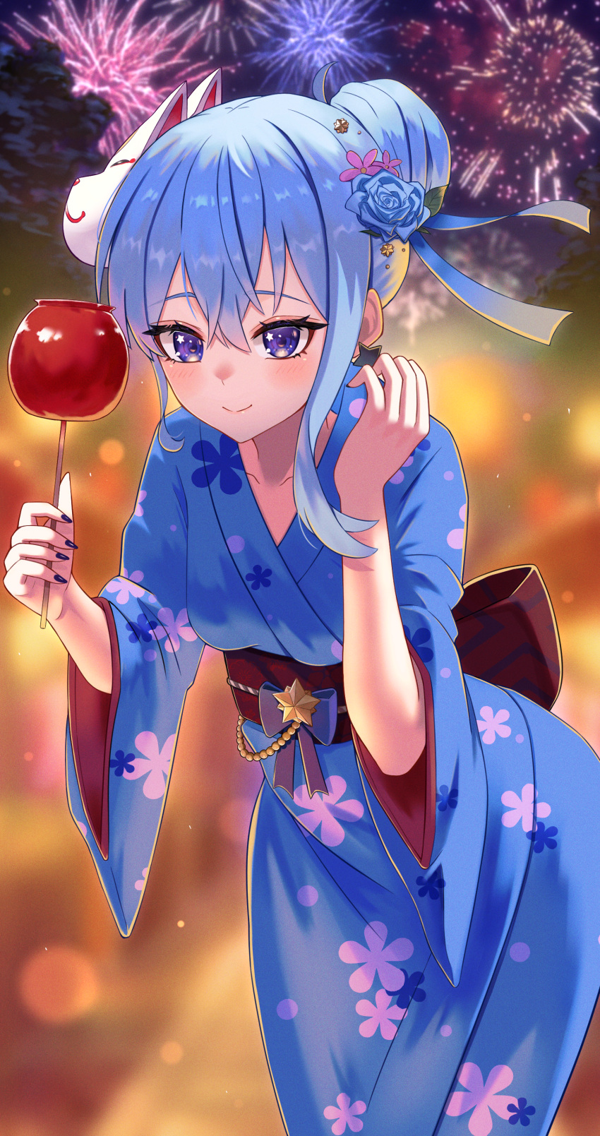 1girl absurdres bangs blue_flower blue_hair blue_kimono blurry blurry_background blush candy_apple closed_mouth fireworks floating_hair floral_print flower food fox_mask hair_between_eyes hair_flower hair_ornament highres hololive hoshimachi_suisei houki_suisei japanese_clothes kimono leaning_forward long_sleeves mask mask_on_head nail_polish print_kimono purple_eyes purple_nails shiny shiny_hair smile solo virtual_youtuber wide_sleeves yukata