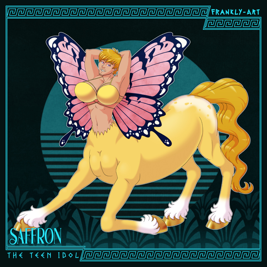 1:1 abs arthropod beard blonde_hair bra butterfly centaur clothing equid equid_taur equine facial_hair fairy frankly-art gold_(metal) gold_hooves hair hi_res hooves humanoid humanoid_taur insect kneeling lepidopteran lepidopteran_wings mammal mammal_taur navel pegasus pegasus_taur pholus_reborn pose saffron_(pholus_reborn) smile solo stretching stubble taur underwear waist wings yellow_bra yellow_clothing yellow_tail yellow_underwear