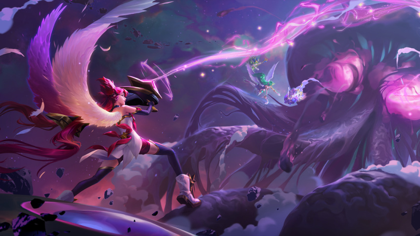 4girls artist_request bangs bare_shoulders black_gloves black_thighhighs blue_hair character_request dress elbow_gloves feathers from_side gloves green_hair holding holding_rocket_launcher holding_staff holding_weapon jinx_(league_of_legends) legends_of_runeterra long_hair lulu_(league_of_legends) magic monster multiple_girls night outdoors red_hair red_shorts shorts soraka_(league_of_legends) staff star_guardian_(league_of_legends) star_guardian_jinx star_guardian_lulu star_guardian_soraka strapless strapless_dress thighhighs weapon white_dress white_footwear wings