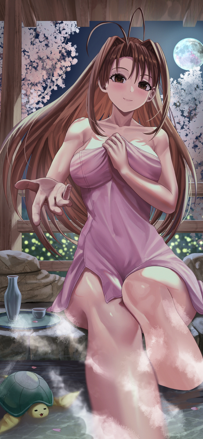1girl absurdres bangs bare_arms bare_shoulders blush breasts brown_hair cleavage collarbone english_commentary full_moon highres large_breasts long_hair looking_at_viewer love_hina mixed-language_commentary moon narusegawa_naru onsen outdoors outstretched_hand silvertsuki sitting smile solo towel turtle water
