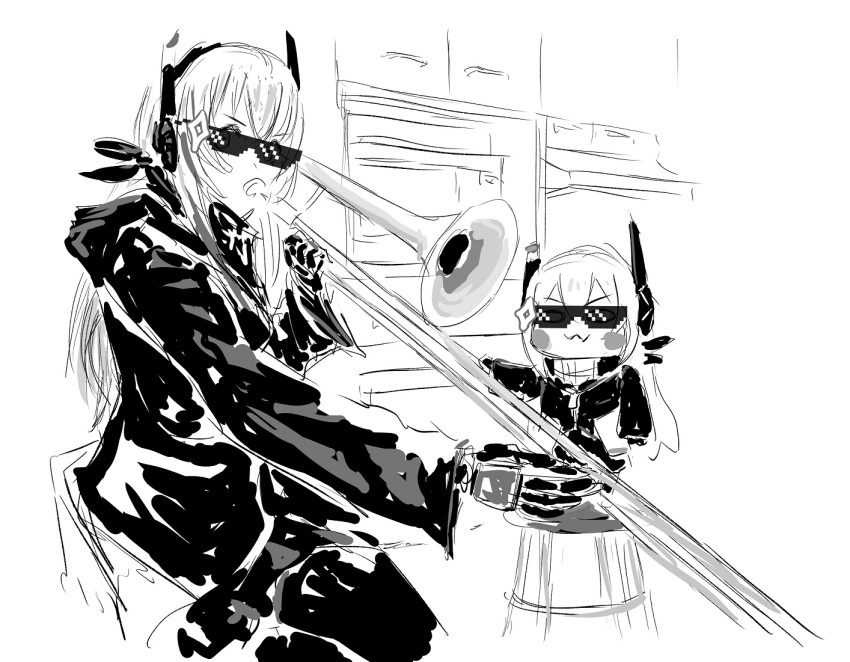 2girls :3 bangs black_jacket blush blush_stickers chair chibi chika_(keiin) commentary_request deal_with_it girls'_frontline greyscale hair_between_eyes headgear holding holding_instrument indoors instrument jacket kitchen long_hair long_sleeves m4_sopmod_ii_(girls'_frontline) m4_sopmod_ii_jr meme monochrome multiple_girls parody sitting standing_on_chair sunglasses when_mama_isn't_home_(meme)