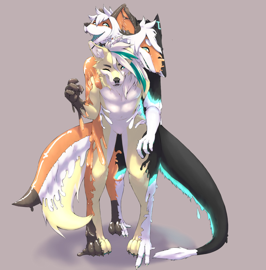 anthro canid canine canis diesis_schmitt domestic_dog embrace fox goo_creature goo_transformation group hi_res hug husky inuamaru latex male male/male mammal nordic_sled_dog rubber rye_osland sergal spitz transformation trio