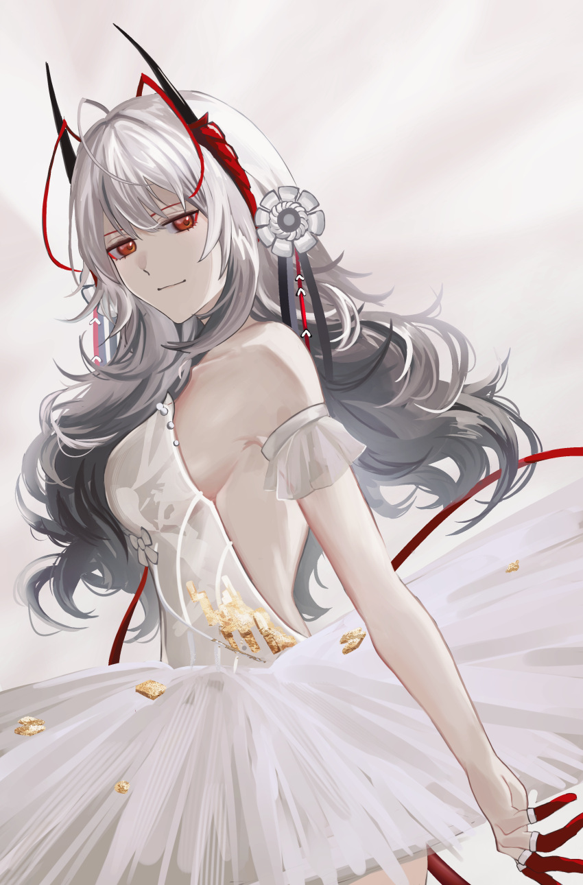 1girl absurdres alternate_costume alternate_hair_length alternate_hairstyle arknights backless_dress backless_outfit bangs bare_shoulders commentary_request cowboy_shot dress highres horns long_hair looking_at_viewer red_eyes smile solo standing strapless strapless_dress w_(arknights) white_dress white_hair yoi6/yoiro