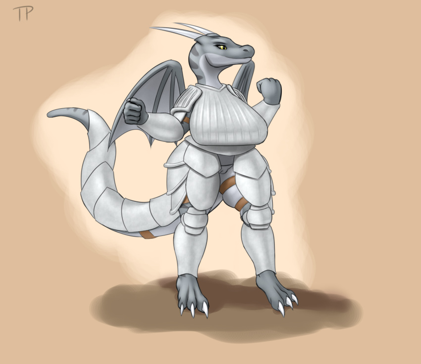 absurd_res anthro armor big_breasts breasts clothed clothing dragon female genitals hi_res horn huge_breasts no_underwear pussy smile solo squish standing testowepiwko thick_thighs thigh_squish wide_hips