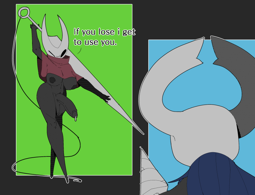 absurd_res anthro areola arthropod big_breasts big_penis black_areola black_body bodily_fluids breasts cloak clothing crossgender duo felinecanis fighting_pose ftg_crossgender fti_crossgender genital_fluids genitals gynomorph half-erect hi_res holding_object holding_weapon hollow_knight hornet_(hollow_knight) insect intersex male mostly_nude non-mammal_breasts one_eye_closed penis pose precum protagonist_(hollow_knight) string team_cherry vessel_(species) video_games weapon