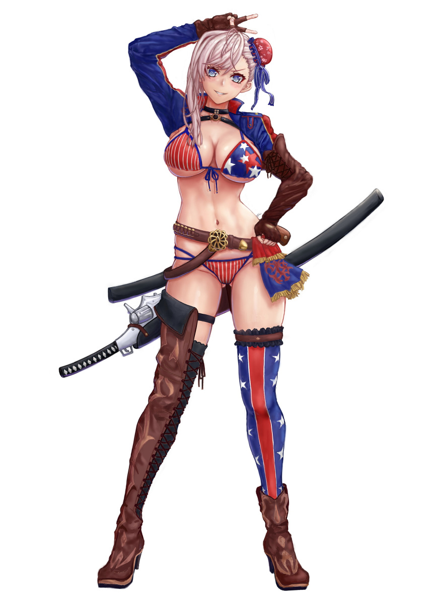 1girl absurdres american_flag_bikini american_flag_legwear asymmetrical_footwear asymmetrical_gloves asymmetrical_hair bangs belt beltskirt bikini blue_eyes boots breasts brown_footwear brown_gloves bun_cover cowboy_boots cross-laced_clothes cross-laced_legwear elbow_gloves fate/grand_order fate_(series) fingerless_gloves flag_print front-tie_bikini front-tie_top full_body gloves grey_hair gunblade hair_bun half-skirt high_heel_boots high_heels highres kinoko_kun large_breasts long_hair miyamoto_musashi_(fate) miyamoto_musashi_(swimsuit_berserker)_(fate) miyamoto_musashi_(swimsuit_berserker)_(second_ascension)_(fate) multi-strapped_bikini navel print_swimsuit shrug_(clothing) single_elbow_glove single_hair_bun single_hair_intake single_side_bun single_sidelock single_thigh_boot single_thighhigh solo swept_bangs swimsuit thigh_boots thighhighs uneven_footwear uneven_gloves v weapon