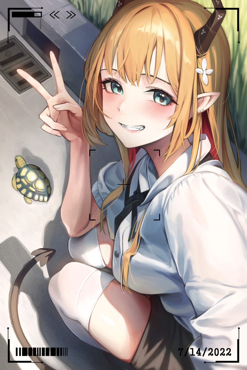 1girl bangs barcode battery_indicator blonde_hair blue_eyes blush dated demon_girl demon_horns demon_tail ear_piercing from_above grin hair_ornament highres horns long_hair looking_at_viewer original piercing pointy_ears refla selfie shirt smile solo squatting tail thighhighs tortoise turtle v viewfinder white_shirt white_thighhighs