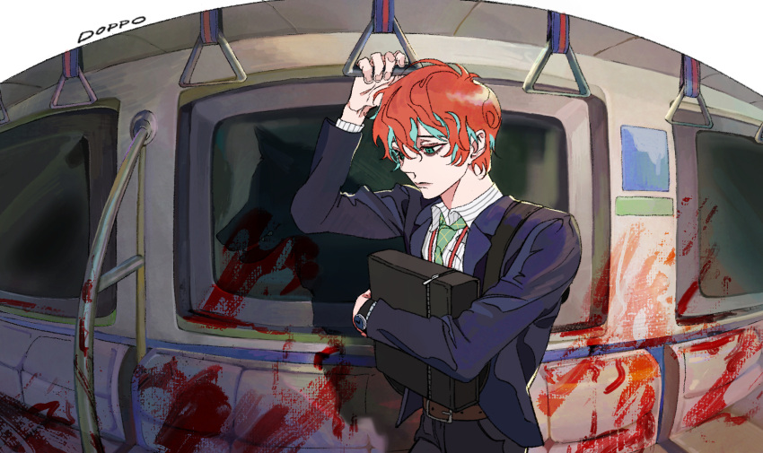 1boy ambiguous_red_liquid bags_under_eyes bangs blue_eyes briefcase collared_shirt formal green_necktie hair_between_eyes hand_grip highres hypnosis_mic kannonzaka_doppo multicolored_hair necktie orange_hair reichio salaryman shirt short_hair striped striped_shirt suit train_interior watch white_shirt wristwatch