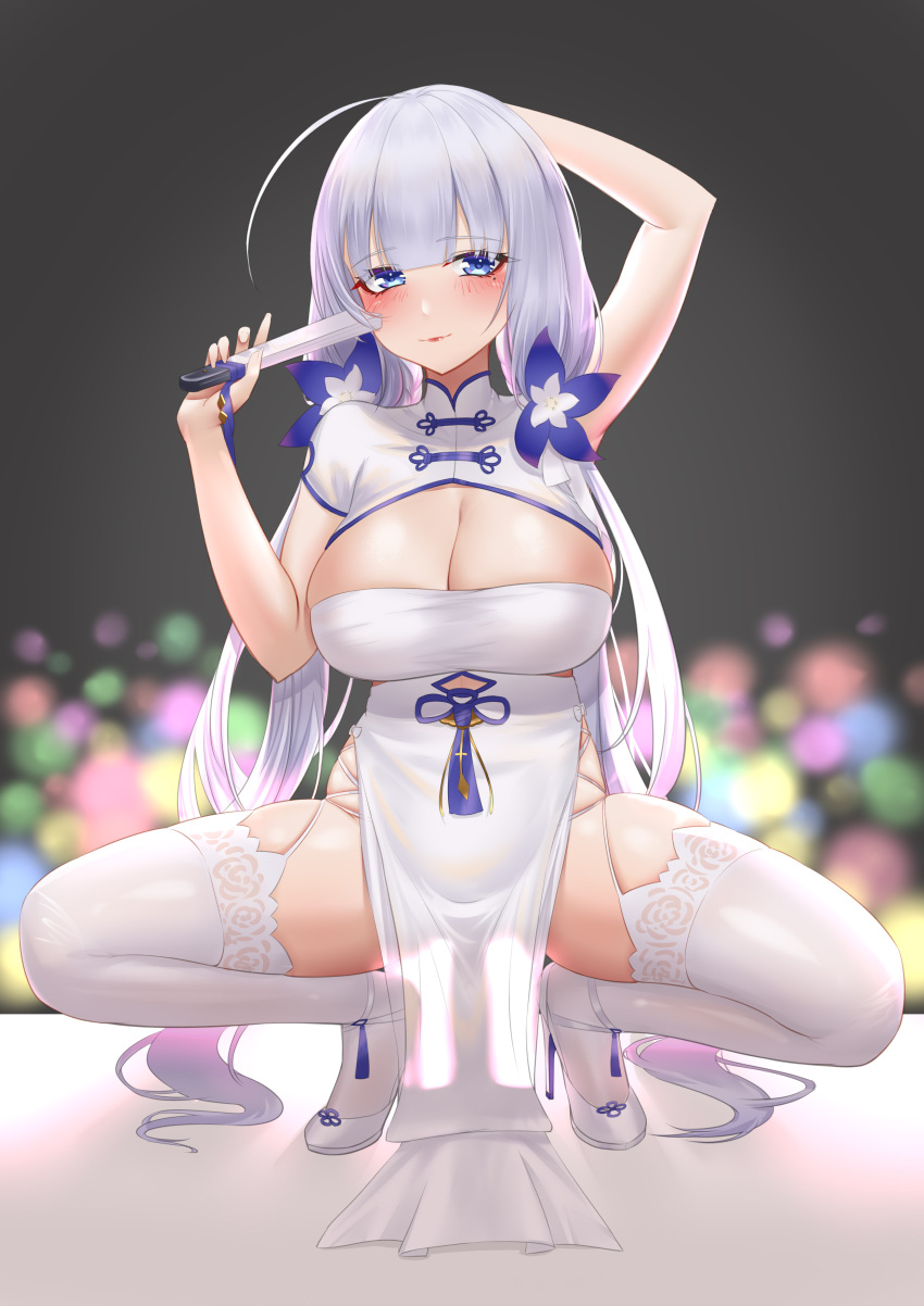 1girl absurdres arm_up azur_lane blue_eyes blurry blurry_background breasts china_dress chinese_clothes cleavage cutout_above_navel dress flower folded_fan folding_fan framed_breasts grey_background hair_flower hair_ornament hand_fan high_heels highres holding holding_fan huge_breasts ichikushi_mojibake illustrious_(azur_lane) illustrious_(maiden_lily's_radiance)_(azur_lane) long_hair looking_at_viewer official_alternate_costume pelvic_curtain purple_flower see-through see-through_dress see-through_silhouette short_sleeves simple_background solo spread_legs squatting stiletto_heels thighhighs tri_tails very_long_hair white_dress white_footwear white_garter_straps white_thighhighs