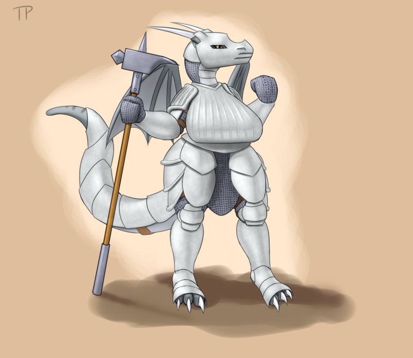 absurd_res anthro armor big_breasts breasts chainmail clothed clothing dragon female fully_clothed hammer headgear helmet hi_res holding_object holding_weapon horn huge_breasts solo standing testowepiwko thick_thighs tools weapon wide_hips