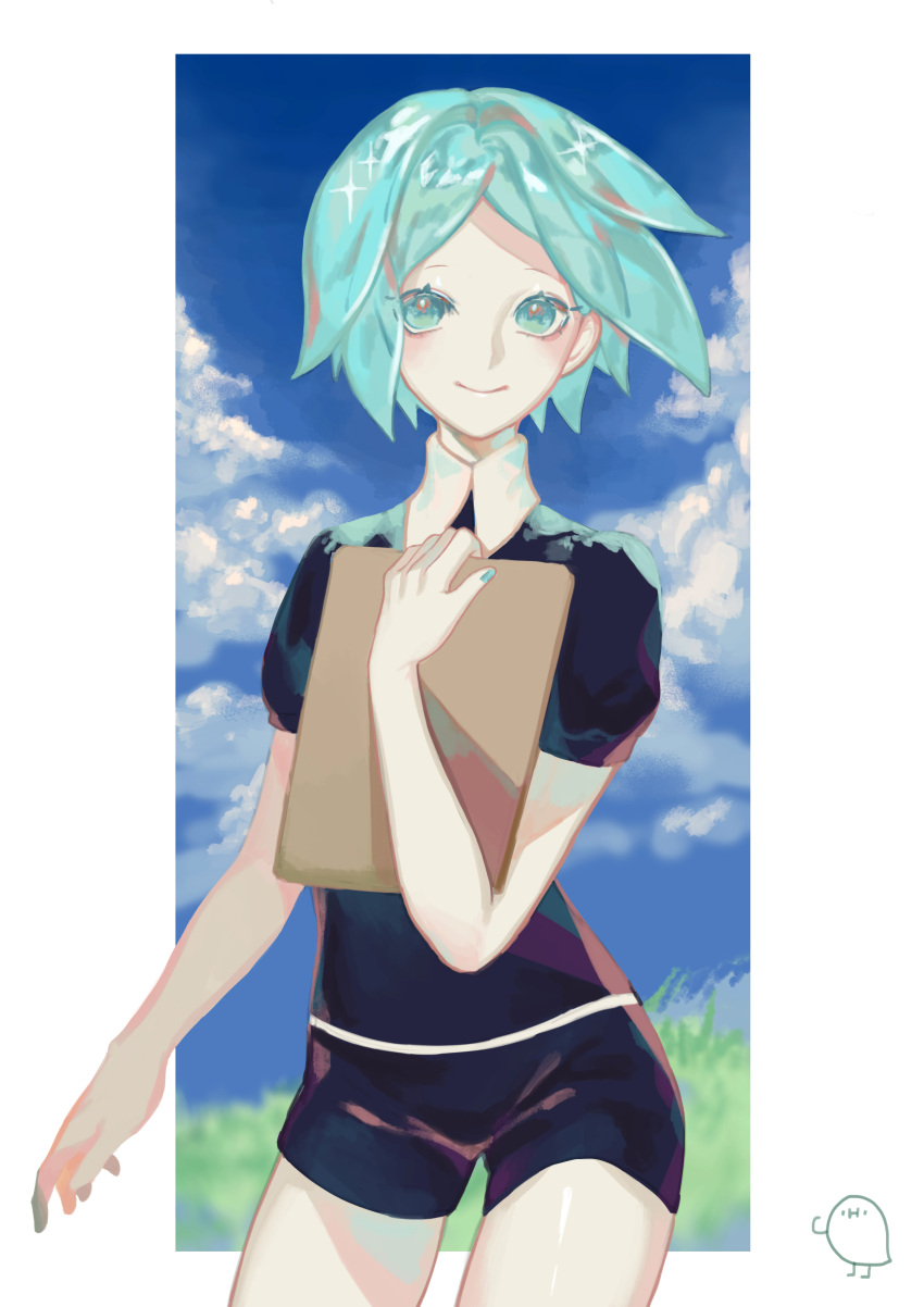 1other absurdres androgynous aqua_eyes aqua_hair bangs belt black_shirt border clipboard cloud collared_shirt crystal_hair field gem_uniform_(houseki_no_kuni) grass highres holding holding_clipboard houseki_no_kuni huachaaaa looking_at_viewer nail_polish pale_skin parted_bangs phosphophyllite puffy_sleeves shiny shiny_hair shirt short_hair short_shorts shorts sky smile solo sparkle white_belt white_shirt