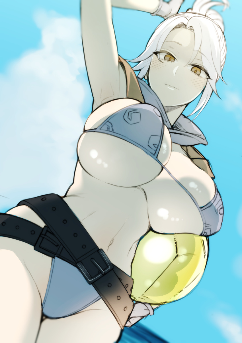 1girl absurdres arm_up ball beach beachball belt bikini bracelet breasts collar dutch_angle highres holding holding_ball jett_(valorant) jewelry kayumidome large_breasts looking_at_viewer ponytail standing swimsuit valorant white_hair yellow_eyes