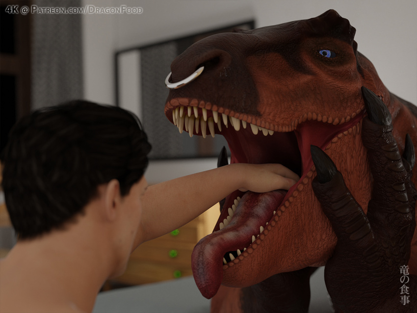 3d_(artwork) 4:3 anthro bed bedroom digital_media_(artwork) dinosaur dragonfood duo facial_piercing furniture hand_in_mouth hand_on_face human imminent_vore lying male male/male mammal mawplay nose_piercing nose_ring on_bed on_front open_mouth piercing red_body red_scales reptile ring_piercing scales scalie sharp_teeth teeth theropod tongue tongue_out tyrannosaurid tyrannosaurus tyrannosaurus_rex