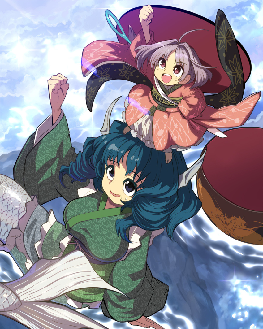 2girls blue_eyes blue_hair blue_sash bowl bowl_hat drill_hair drill_locks frilled_kimono frills green_kimono hat head_fins highres japanese_clothes kimono long_sleeves medium_hair mermaid monster_girl multiple_girls obi purple_sash sash shope sukuna_shinmyoumaru touhou wakasagihime wide_sleeves