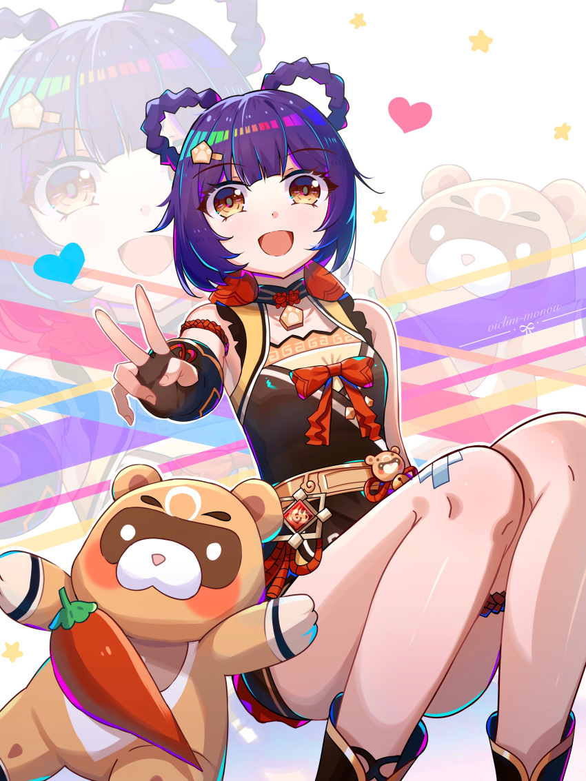 1girl :d absurdres armlet bangs bell black_hair blunt_bangs braid brown_footwear brown_gloves chinese_clothes choker commentary_request elbow_gloves fingerless_gloves genshin_impact gloves guoba_(genshin_impact) hair_ornament highres knees_together_feet_apart knees_up long_hair looking_at_viewer red_panda shoes sidelocks sitting sleeveless smile thighlet twin_braids v viclim-monou xiangling_(genshin_impact) yellow_eyes zoom_layer