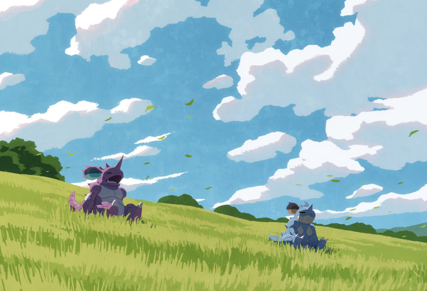 blue_sky claws closed_eyes closed_mouth cloud day fangs grass highres horns hyogonosuke leaf nidoking nidoqueen no_humans open_mouth outdoors pokemon pokemon_(creature) single_horn sitting sky sleeping sleeping_upright solo spikes tail